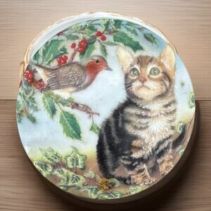 VTG Trinket Box Porcelain Treasures Decorated by Betty Platner cat kitten bird
